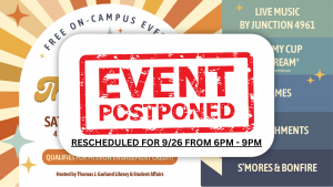 Colorful Image displayed with "EVENT POSTPONED" for Rock the Library Event