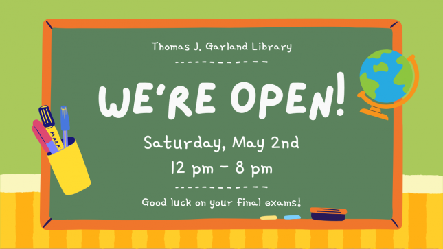 Colorful Chalkboard with final exam library hours listed on it.
