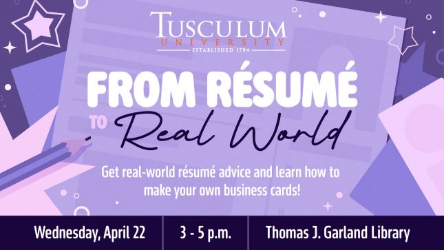 Colorful Pink and purple graphics depicting a resume workshop for tusculum.